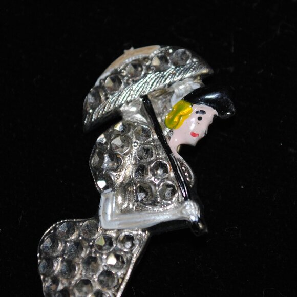 Vintage Strolling Victorian Lady with Parasol Figural Brooch with Enamel Paint - Picture 2 of 6